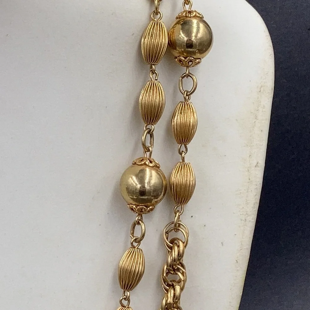 Flirty Long Vintage Gold Bead and Chain Necklace